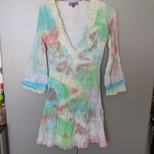 Colorful Tie-Dye Dress with Lace Trim